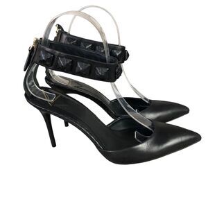 Brian Atwood Black Leather Studded Back Zip D'Orsay Ankle Band Stiletto's Sz‎ 7